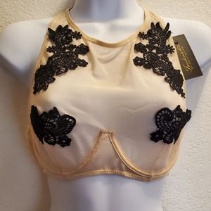 Frederick's Of Hollywood Leonia Bralette Sheer Cream Black Floral Applique  M